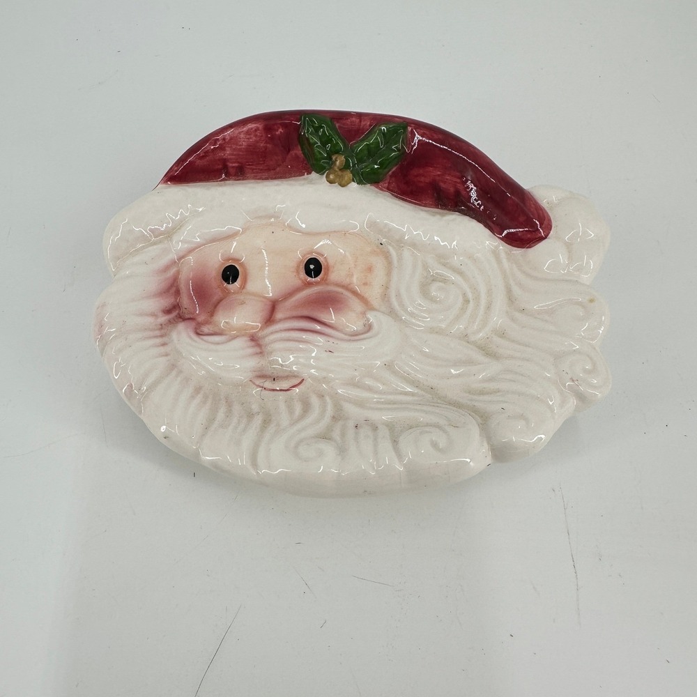 Santa Claus Ceramic Candy Dish Christmas Holiday Decor Red White Holly Berry